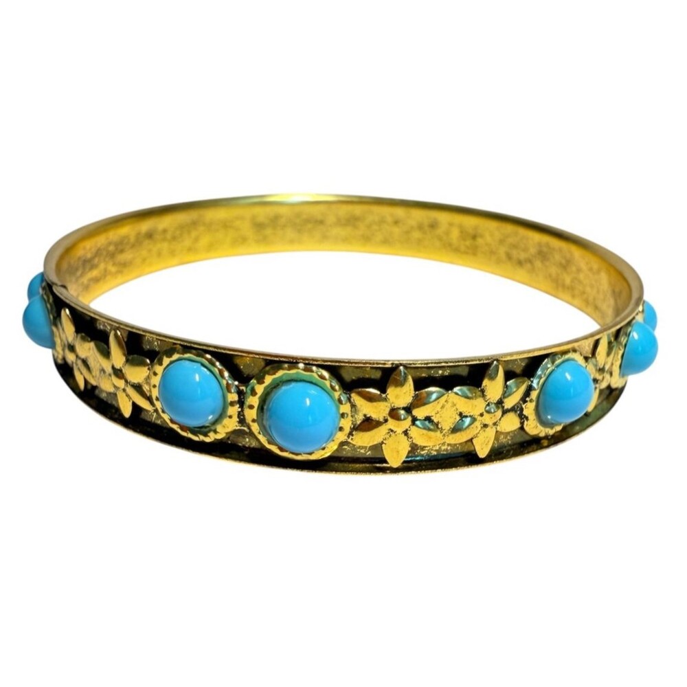 Vintage Gold Tone Turquoise Cabochon Floral Bangle Bracelet  Style: Vintage